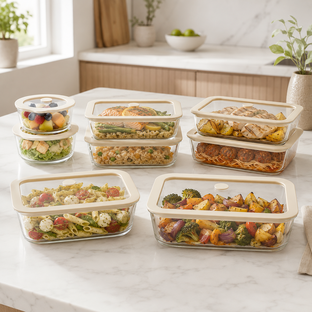 Glass Food Storage Containers Cream - 8 Set - Meal Prep