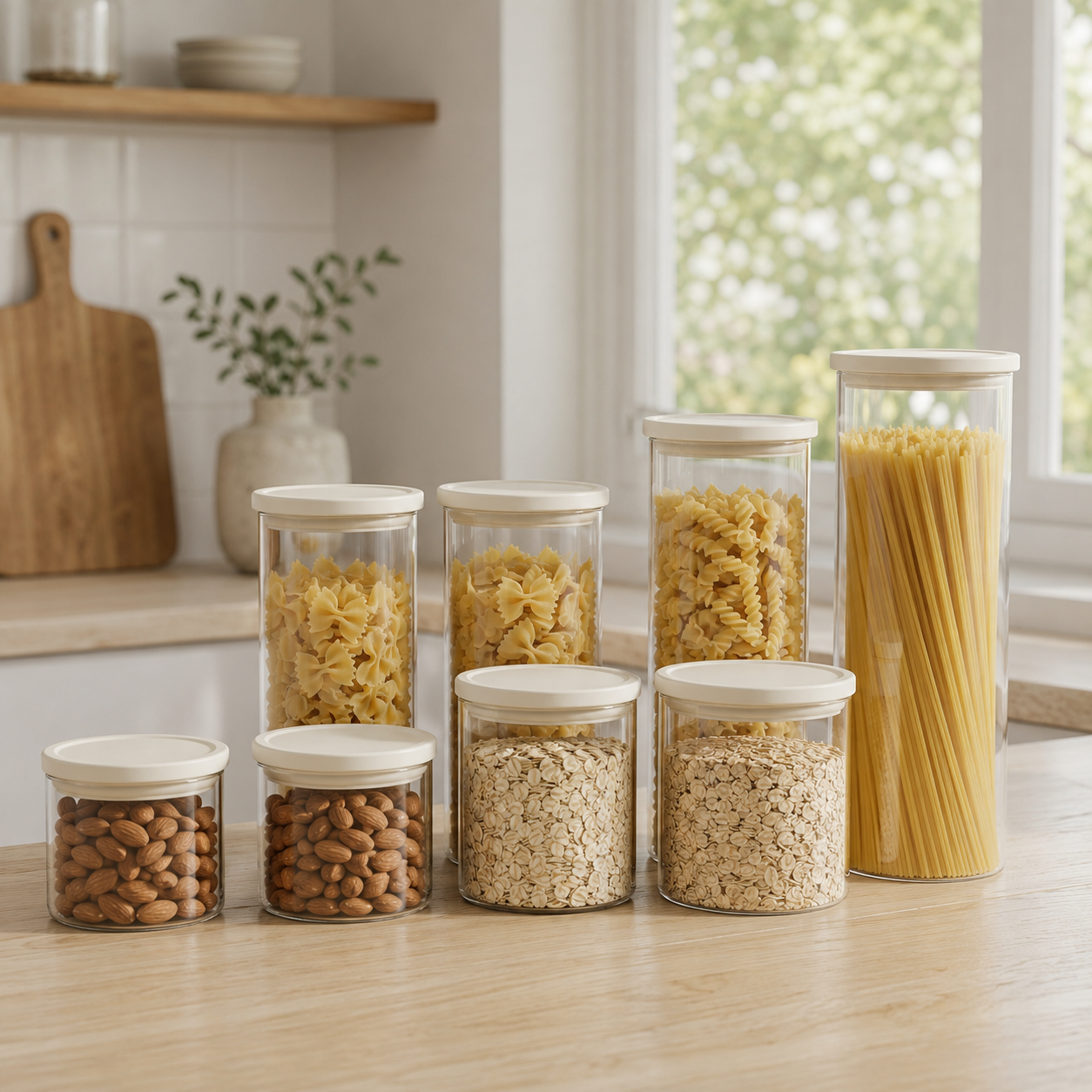 Glass Pantry Storage Jars - Cream - 7 Set Round