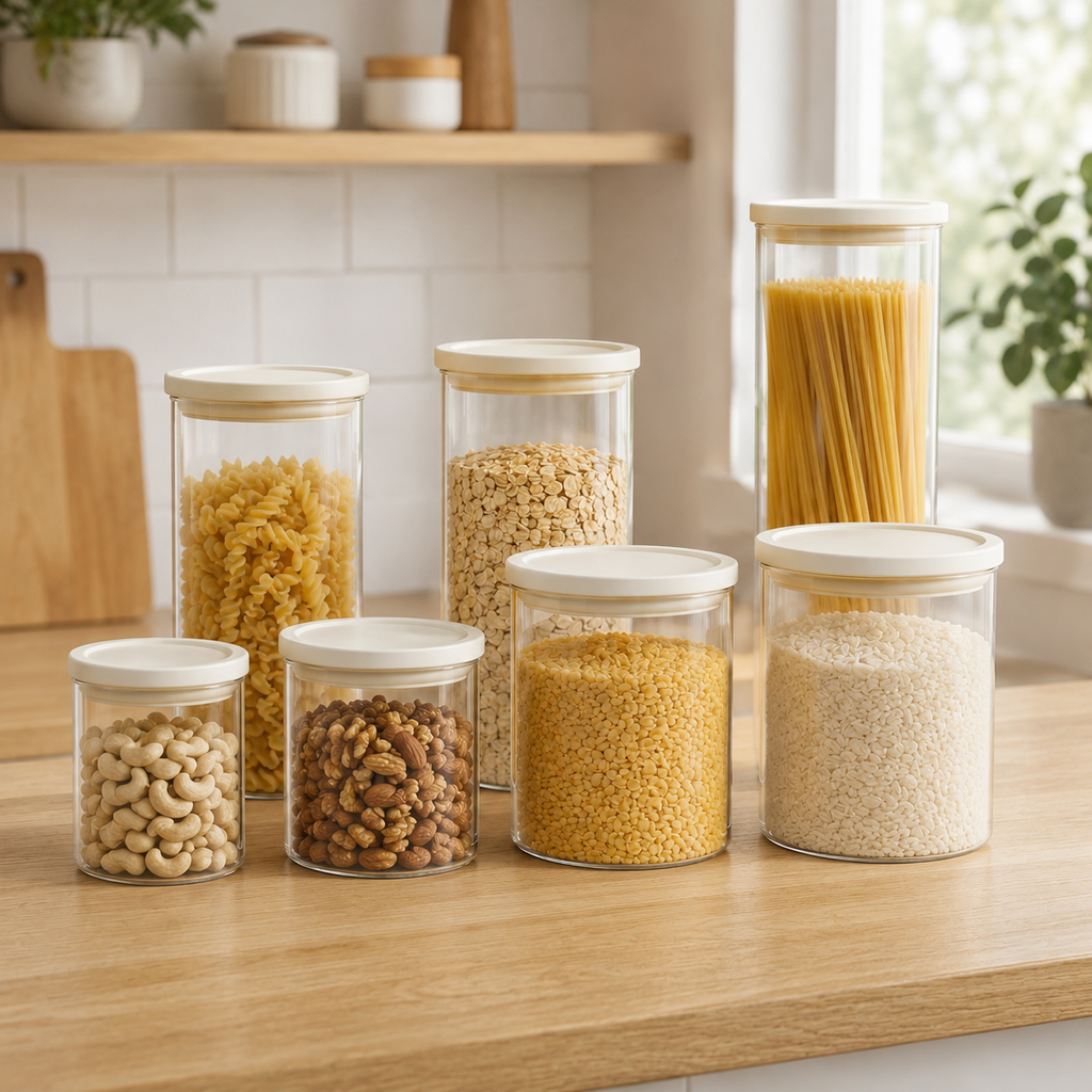 Glass Pantry Storage Jars - Cream - 7 Set Round