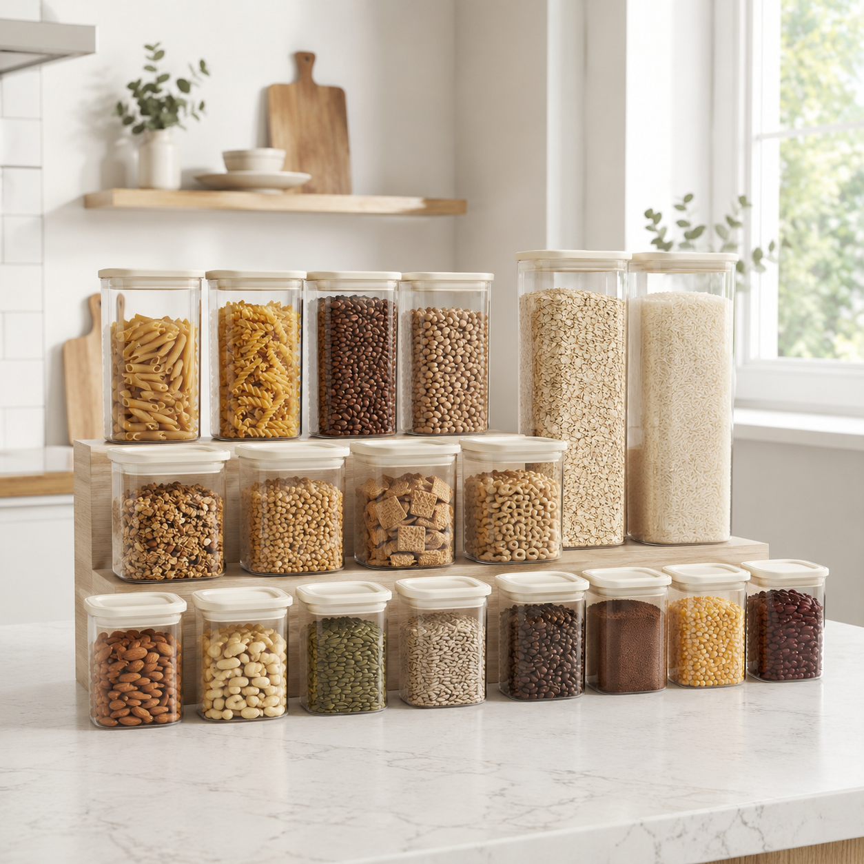 Glass Pantry Storage Jars - Cream - 18 Set Round