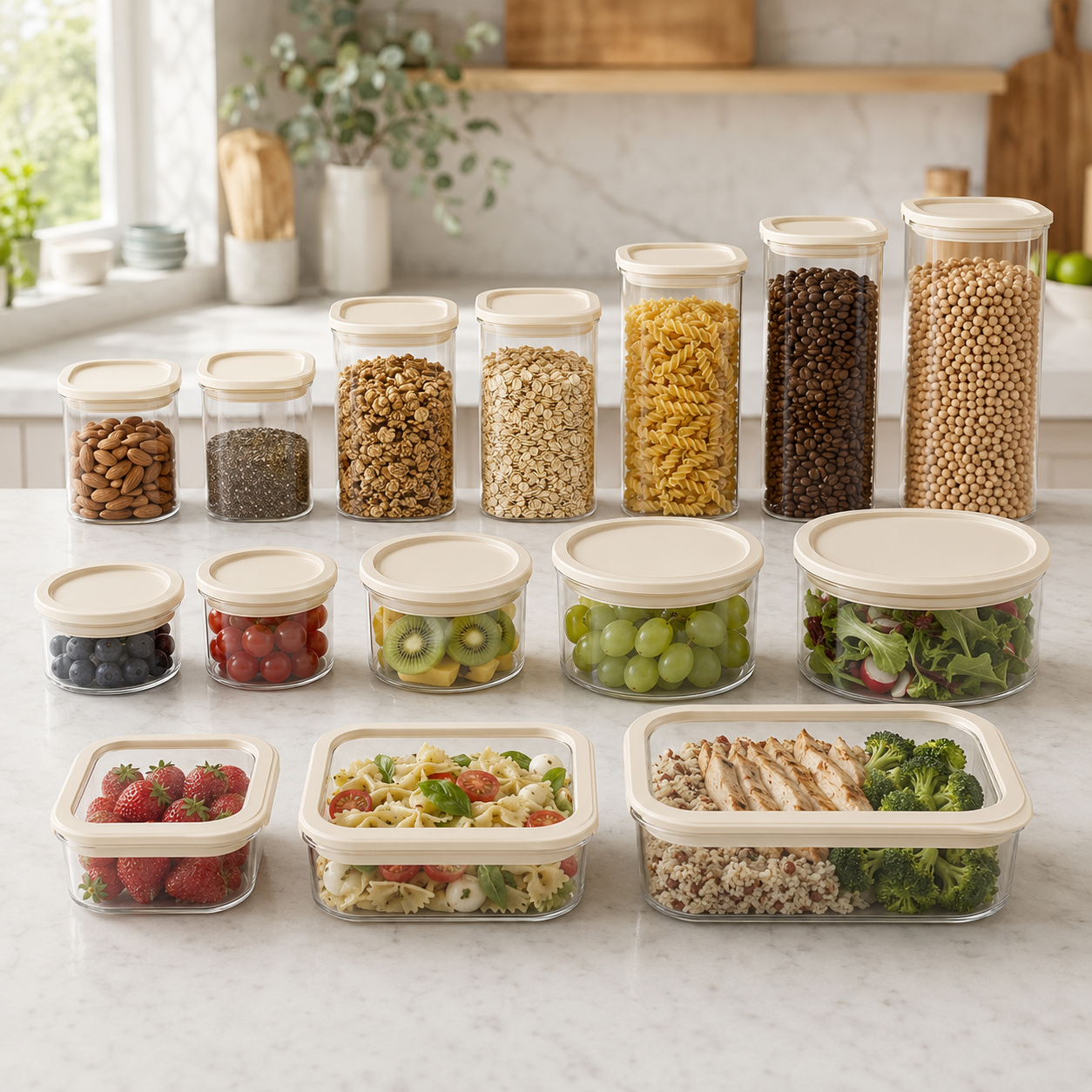 Glass Pantry Jar & Food Storage - Cream - 15pc Set