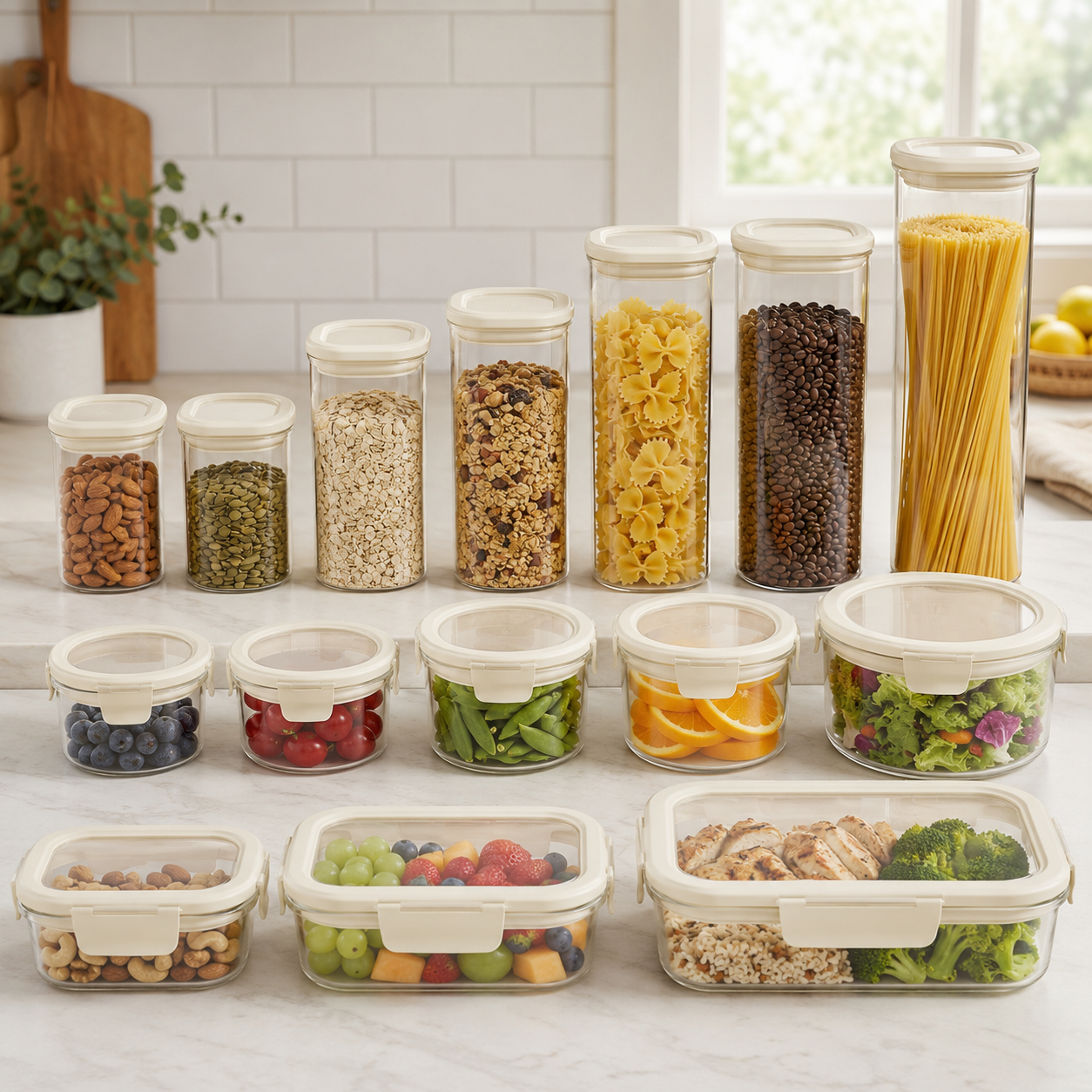 Glass Pantry Jar & Food Storage - Cream - 15pc Set