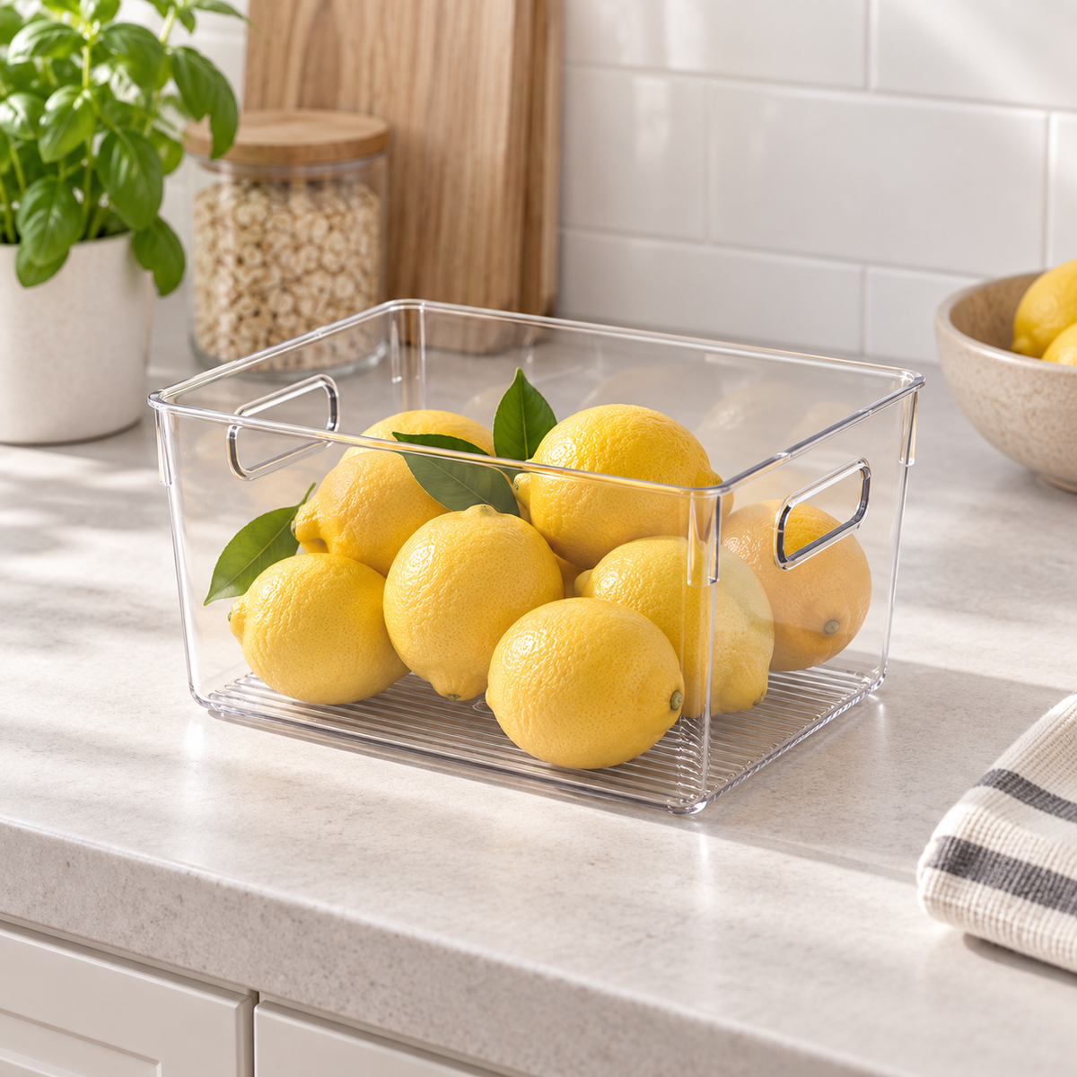 Small clear pantry and fridge storage tub with lemons on a bright kitchen countertop