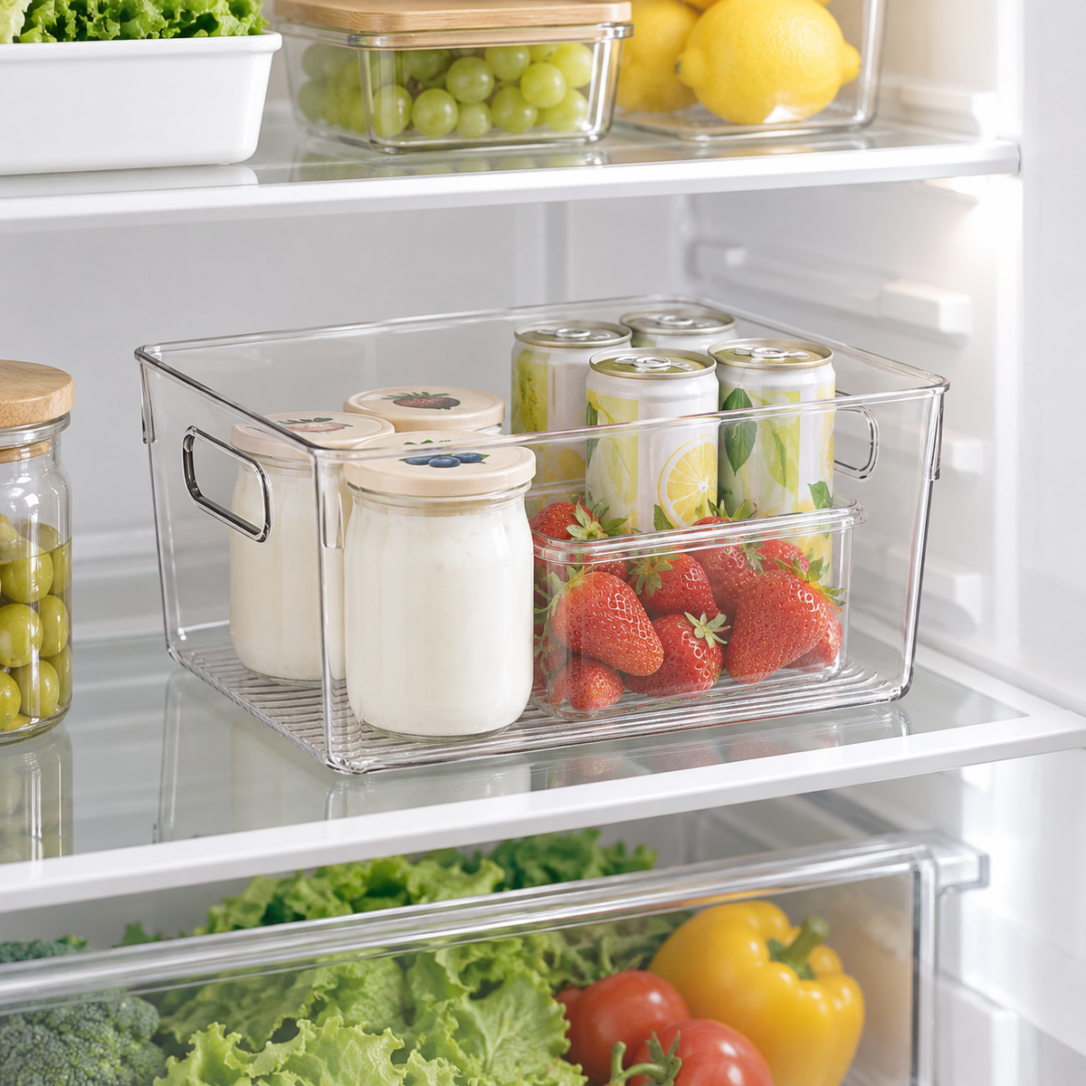 Small clear pantry and fridge storage tub holding drinks and food in a refrigerator