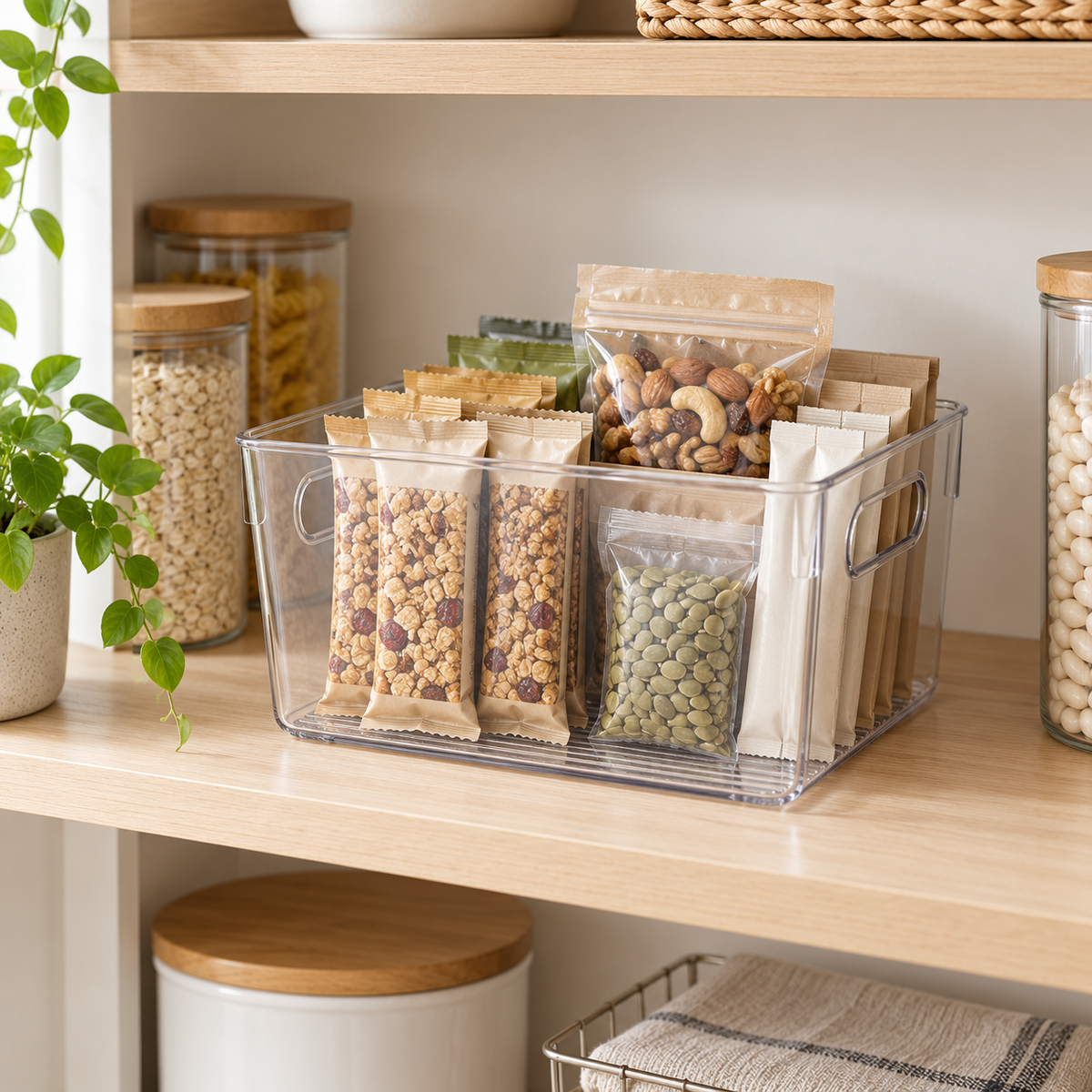 Small clear pantry and fridge storage tub organising snacks on a pantry shelf