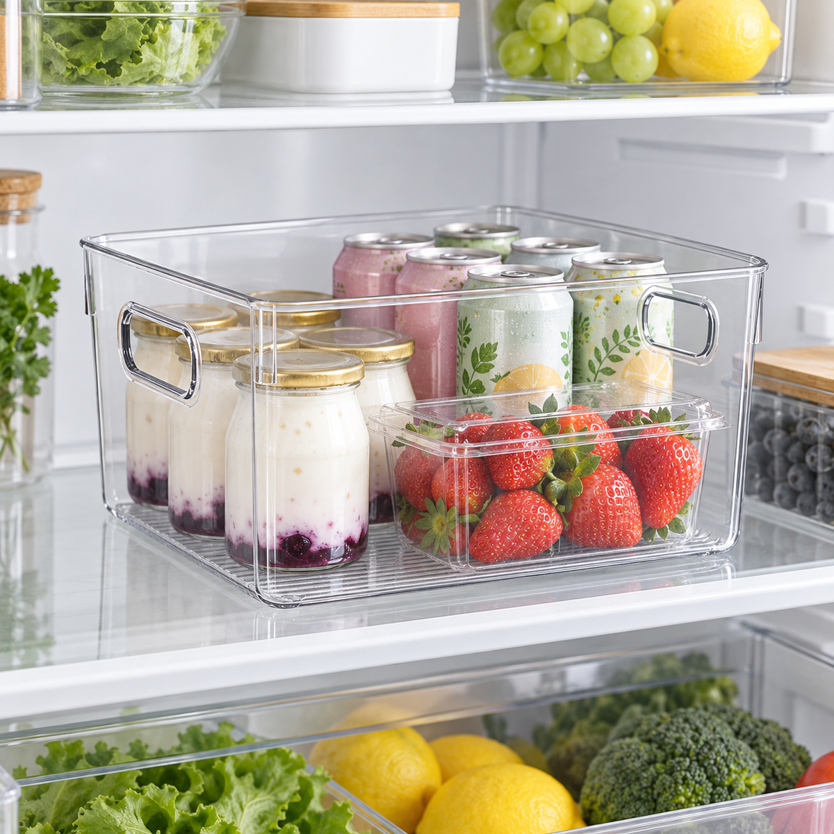 Medium clear pantry and fridge storage tub holding canned drinks in a refrigerator