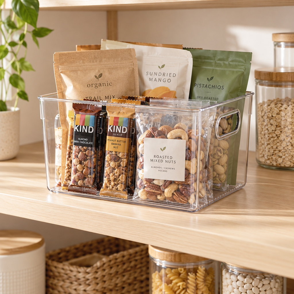Medium clear pantry and fridge storage tub with snack packets on a pantry shelf