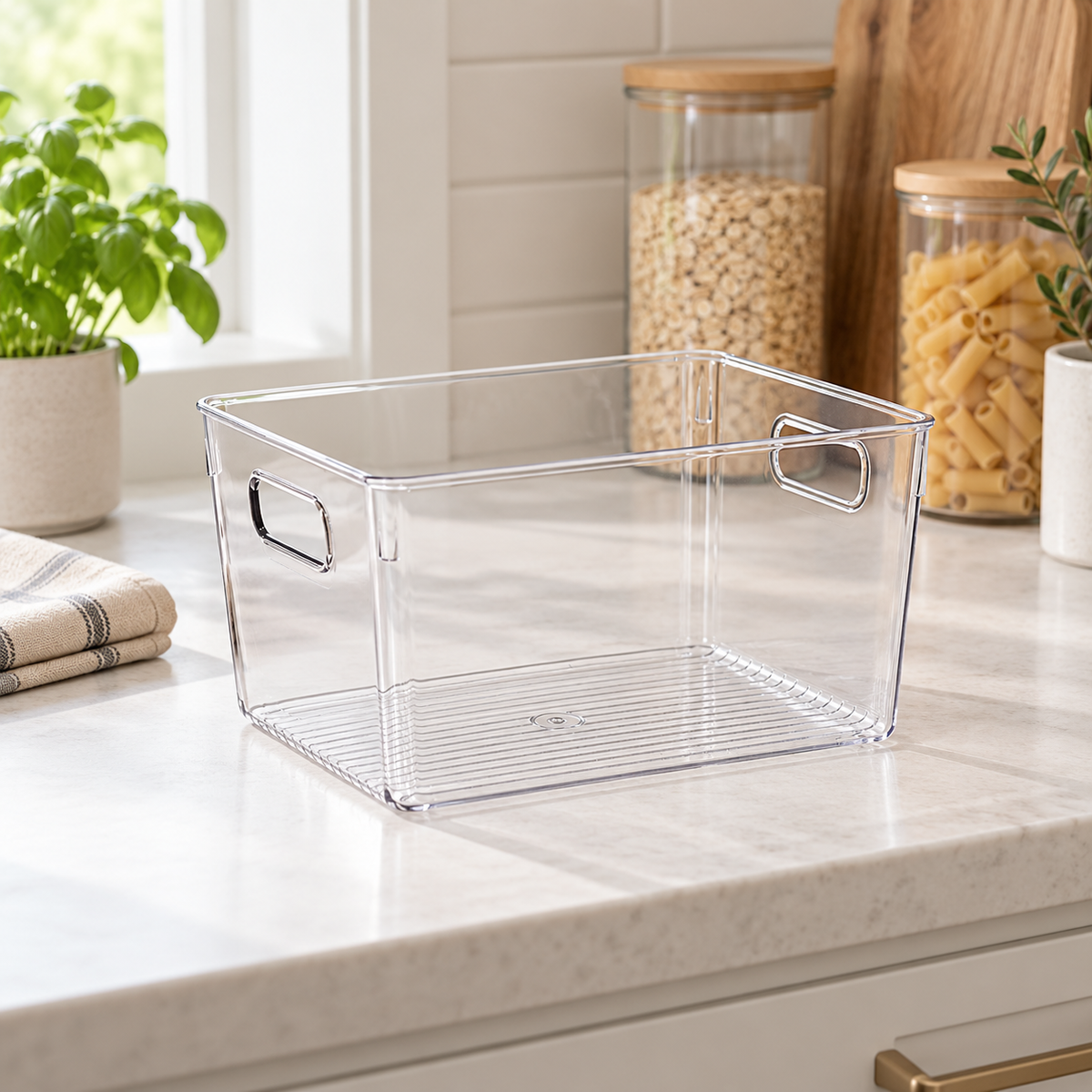 Empty large clear pantry and fridge storage tub on a bright kitchen countertop
