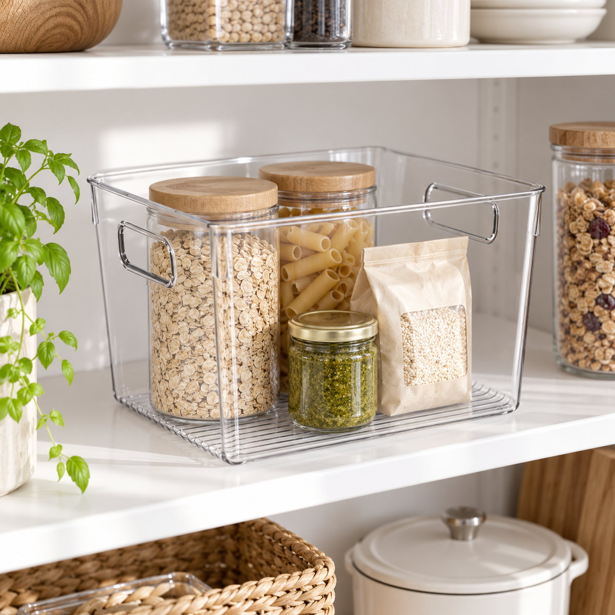 Large clear pantry storage tub holding food jars on a shelf