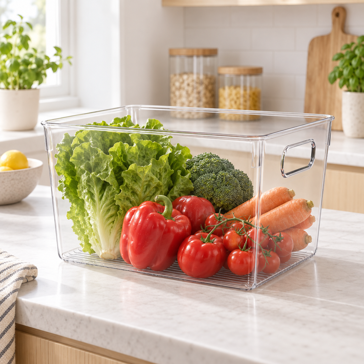 Large clear storage tub holding fresh vegetables on a kitchen counter