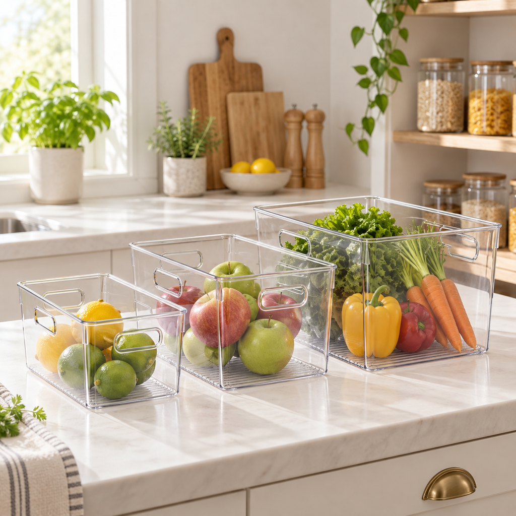 Large clear storage tub organising produce in a refrigerator