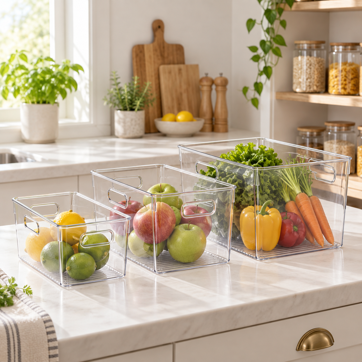 Large clear storage tub organising produce in a refrigerator