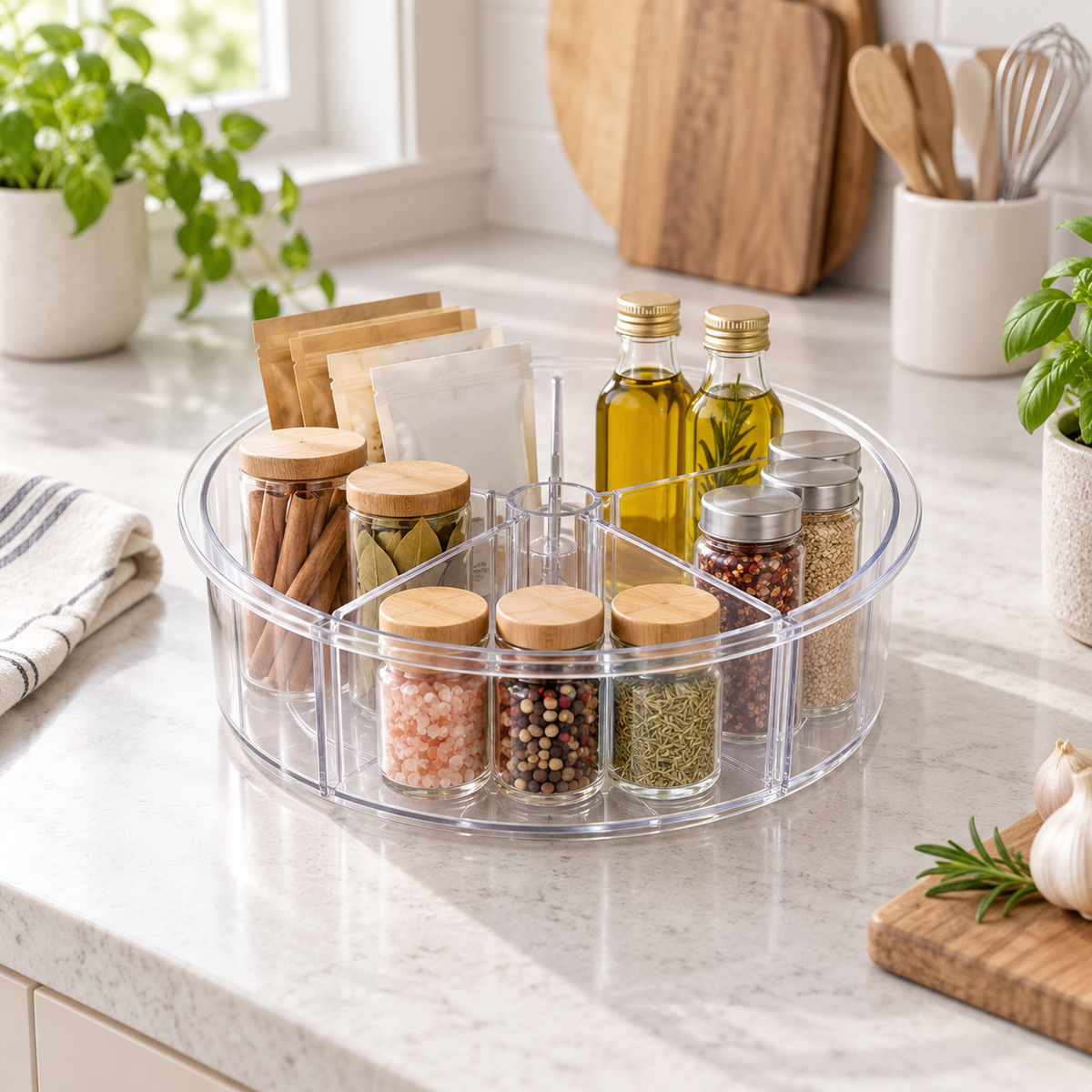 Clear divided Lazy Susan turntable holding spices and oil on a kitchen countertop