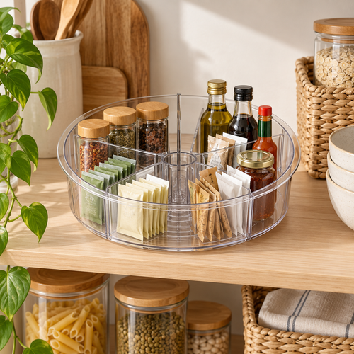 Clear divided Lazy Susan turntable organising jars on a pantry shelf