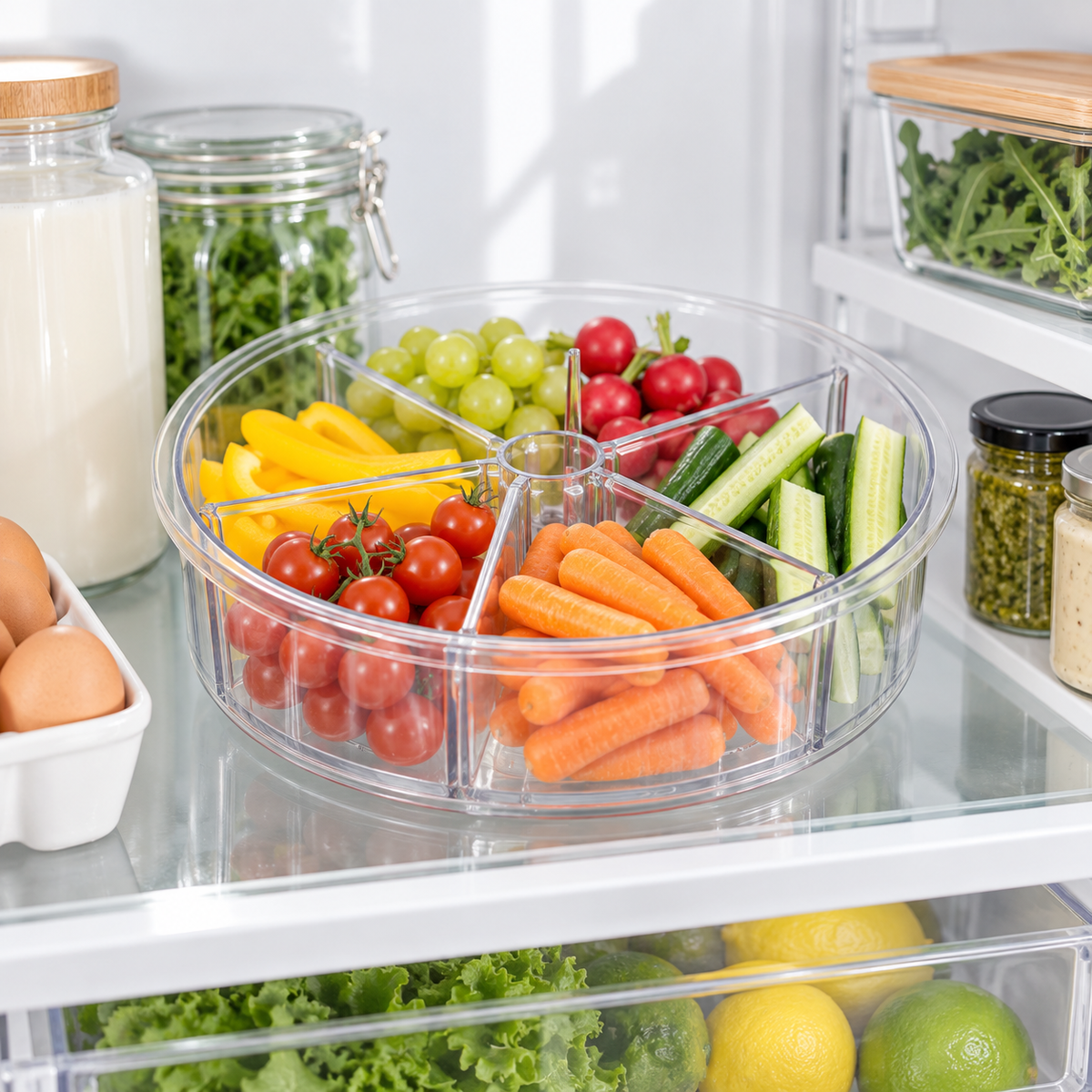 Clear divided Lazy Susan turntable holding fresh produce in a refrigerator