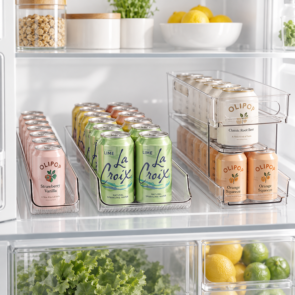 Clear double-layer can organisation tray holding canned drinks in a refrigerator