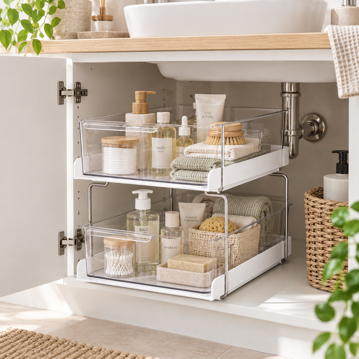 Upper clear under-sink drawer holding toiletries and folded towels
