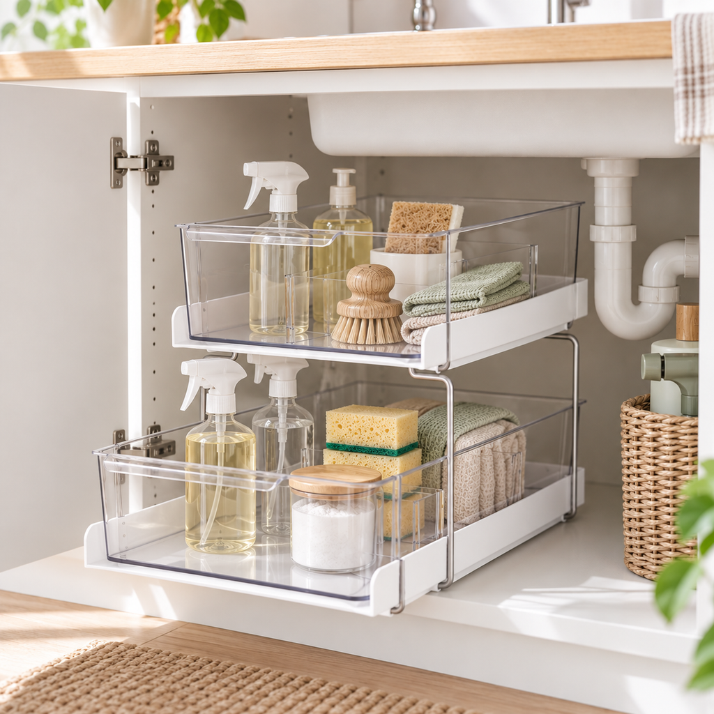 Clear pull-out under-sink drawer with cleaning bottles and cloths