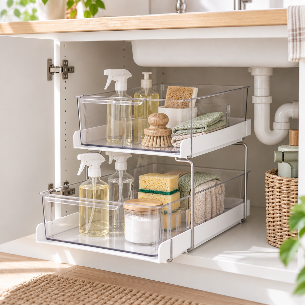 Clear pull-out under-sink drawer with cleaning bottles and cloths