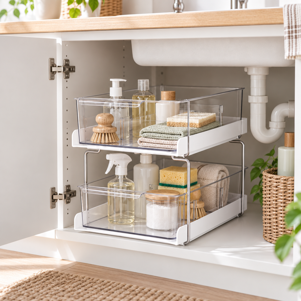 Close-up of the upper clear under-sink drawer and its stored bathroom supplies