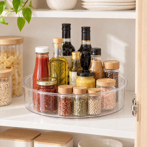 35 cm clear Lazy Susan turntable with oil bottles and jars on a pantry shelf