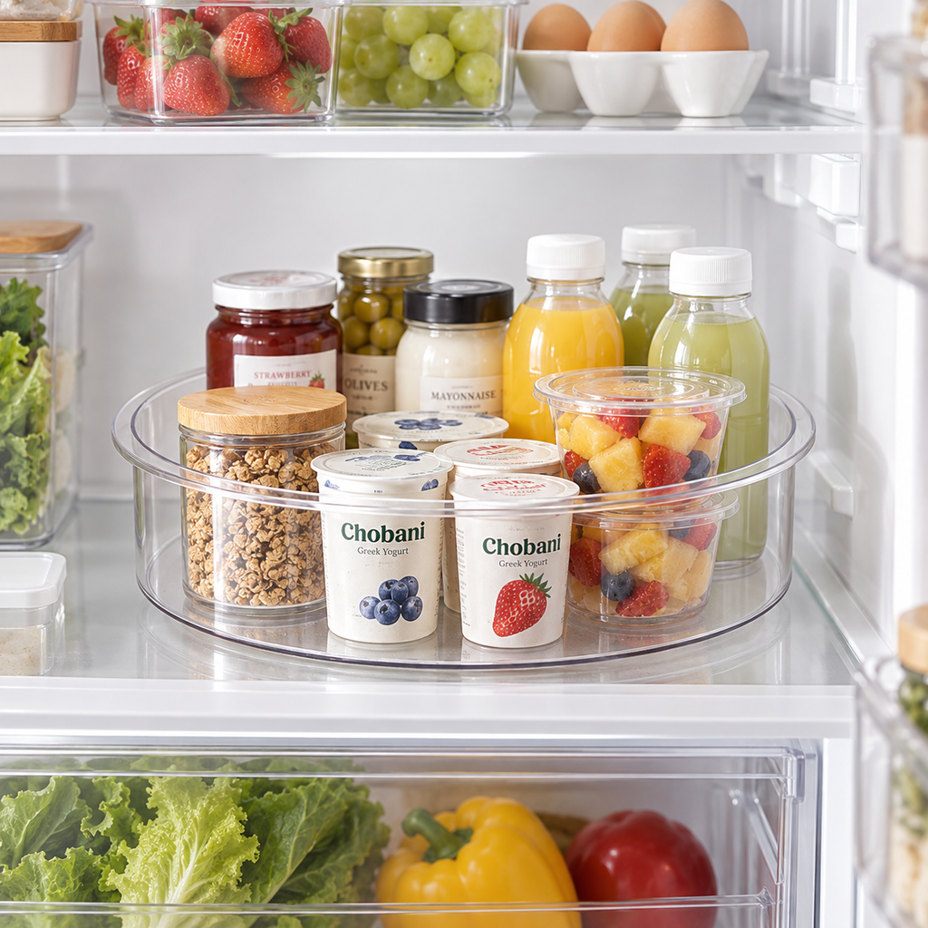 35 cm clear Lazy Susan turntable holding jars, drinks and food inside a refrigerator