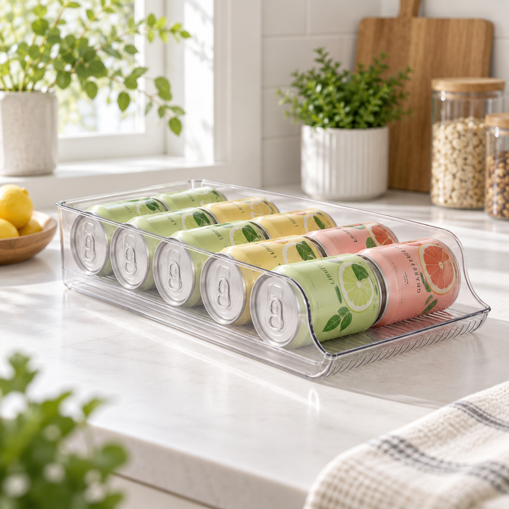 Clear single-layer large can organisation tray holding canned drinks on a fridge shelf