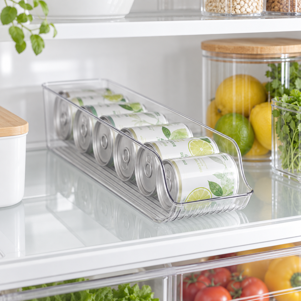 Clear single-layer small can organisation tray with cans in a refrigerator