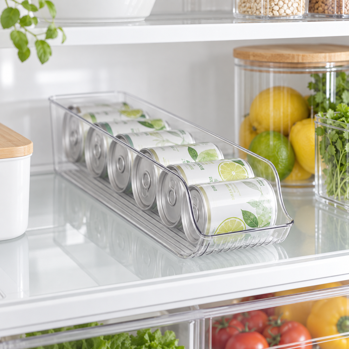 Clear single-layer small can organisation tray with cans in a refrigerator