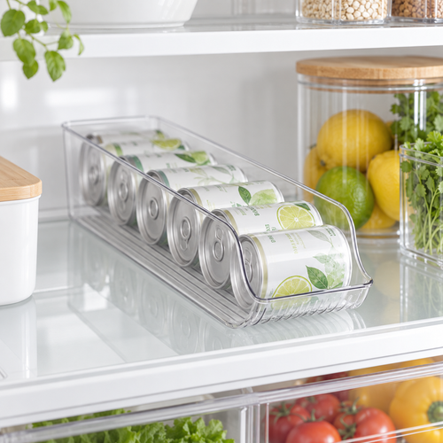 Clear single-layer small can organisation tray with cans in a refrigerator