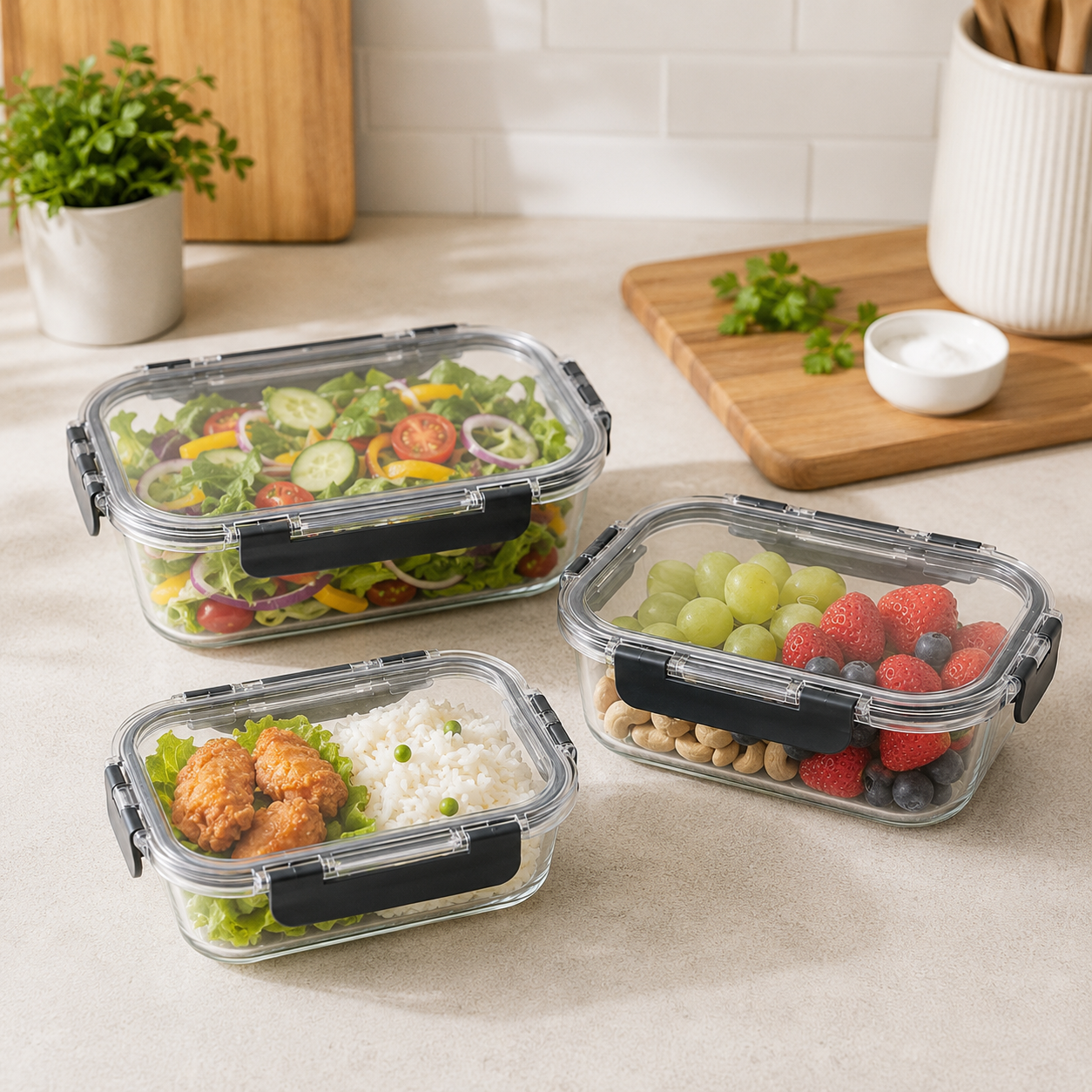 Glass Food Storage Containers - 3 Set Rectangle - Black