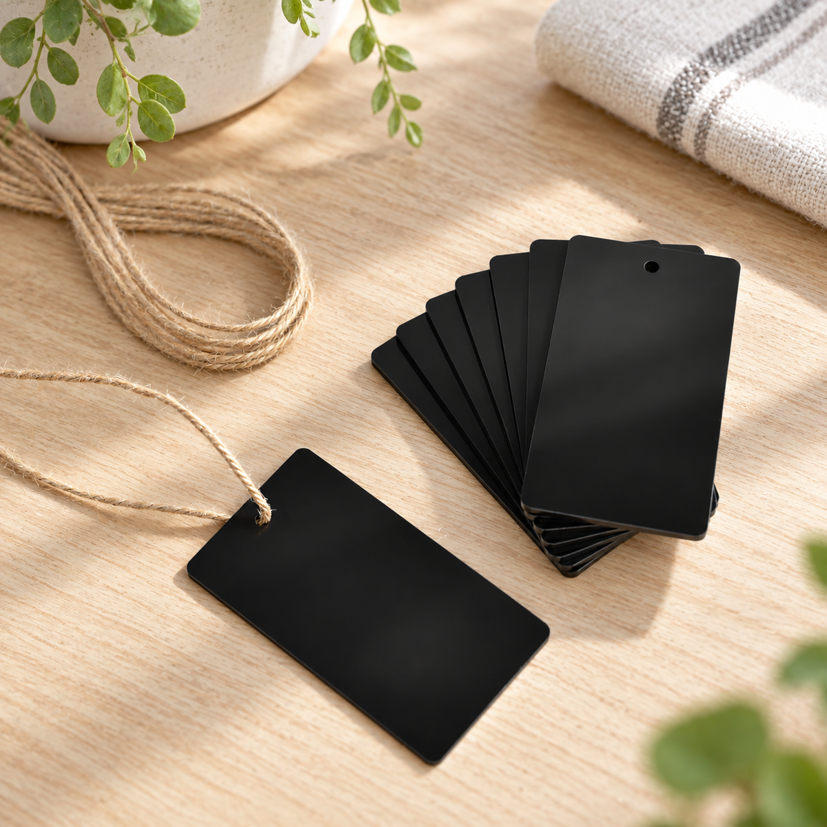 Acrylic Swing Tag - Black - 8 Set arranged in a bright premium home setting