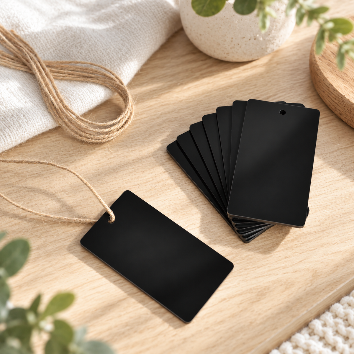 Acrylic Swing Tag - Black - 8 Set in a Scandinavian lifestyle setting