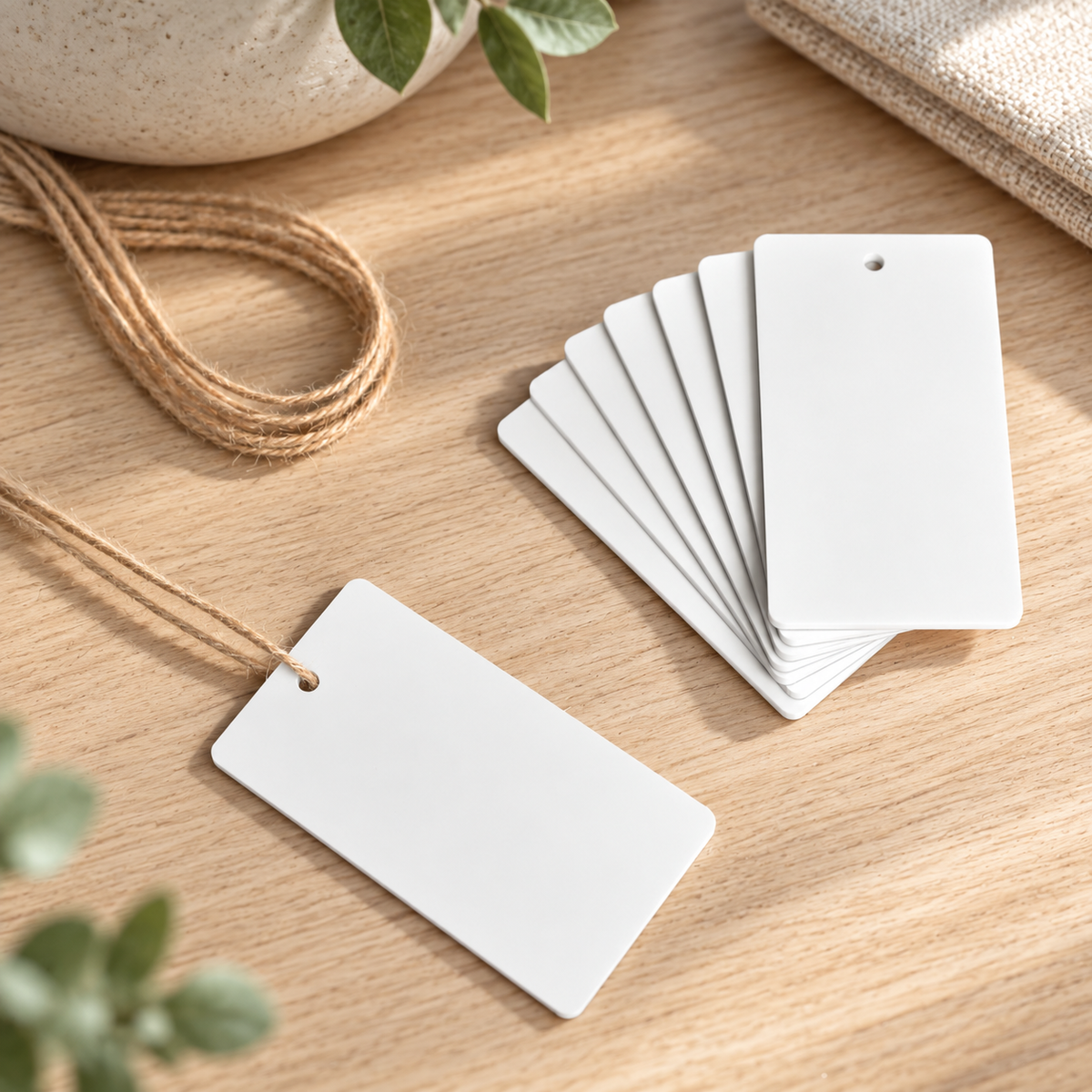Acrylic Swing Tag - White - 8 Set arranged in a bright premium home setting