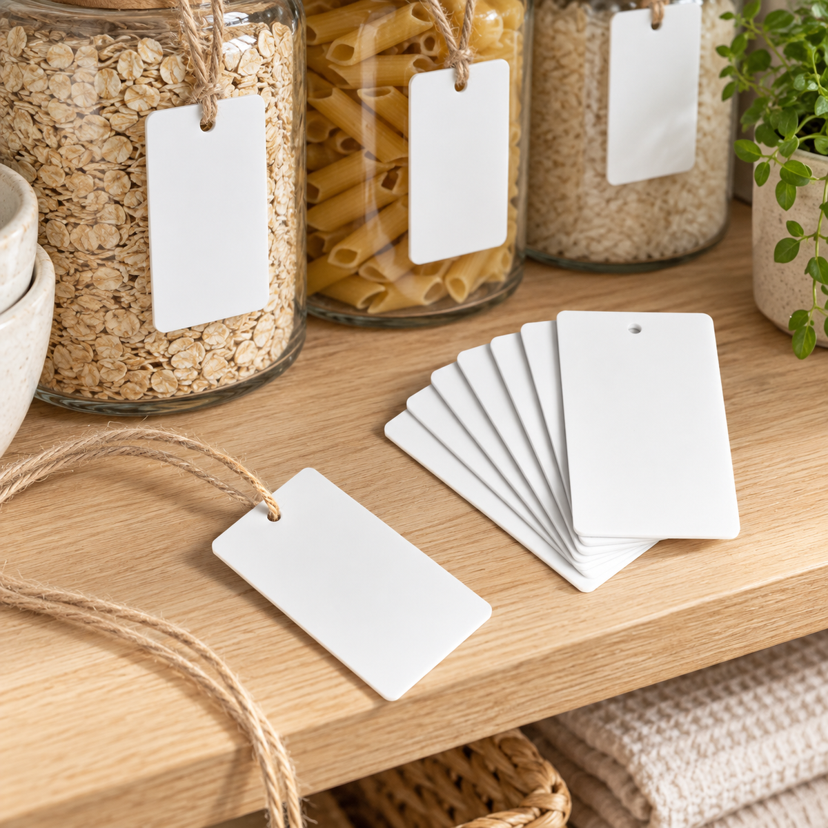 Acrylic Swing Tag - White - 8 Set shown in practical organised storage