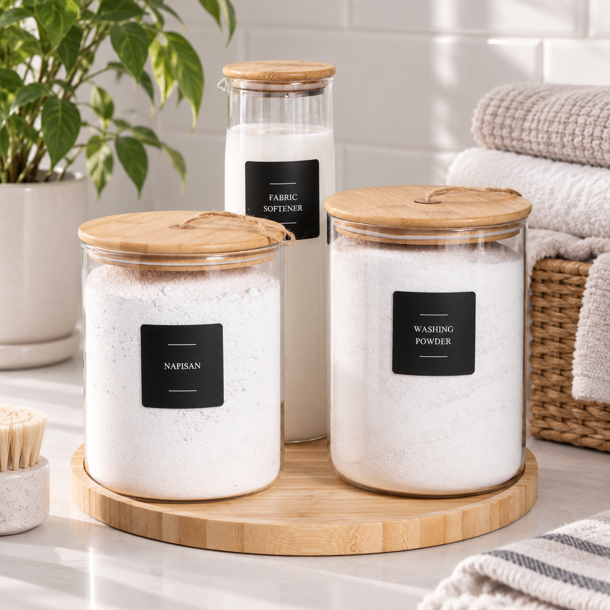 Bathroom, Laundry & Cleaning Sticker Set - 72 Stickers - Black arranged in a bright premium home setting