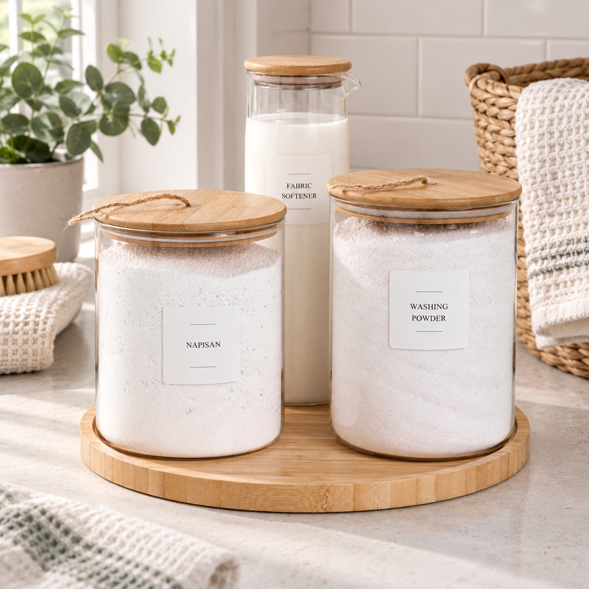 Bathroom, Laundry & Cleaning Sticker Set - 72 Stickers - White arranged in a bright premium home setting