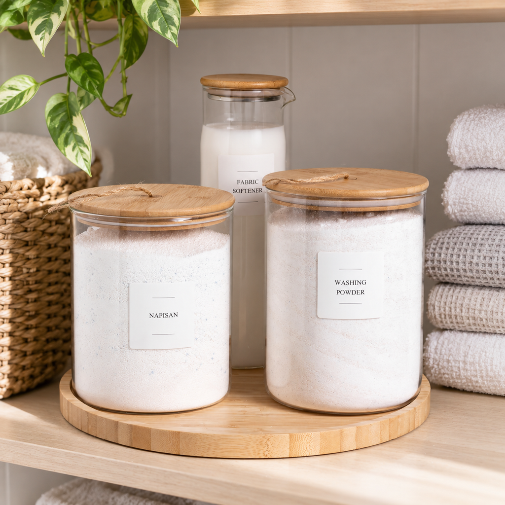 Bathroom, Laundry & Cleaning Sticker Set - 72 Stickers - White shown in practical organised storage