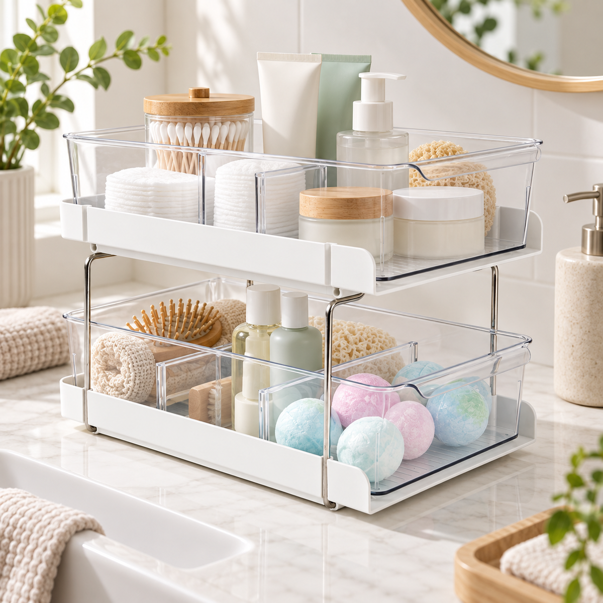 Bathroom Storage Drawers - 2 Tier Organiser in a bright home storage setting