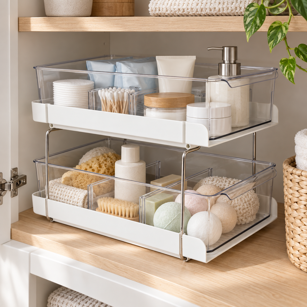 Bathroom Storage Drawers - 2 Tier Organiser neatly organised on shelving