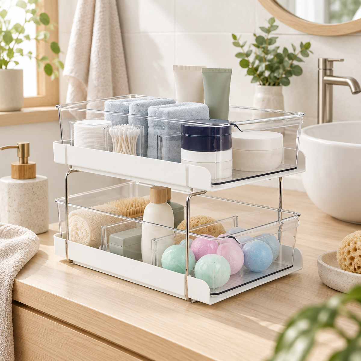 Bathroom Storage Drawers - 2 Tier Organiser in a clean Scandinavian interior