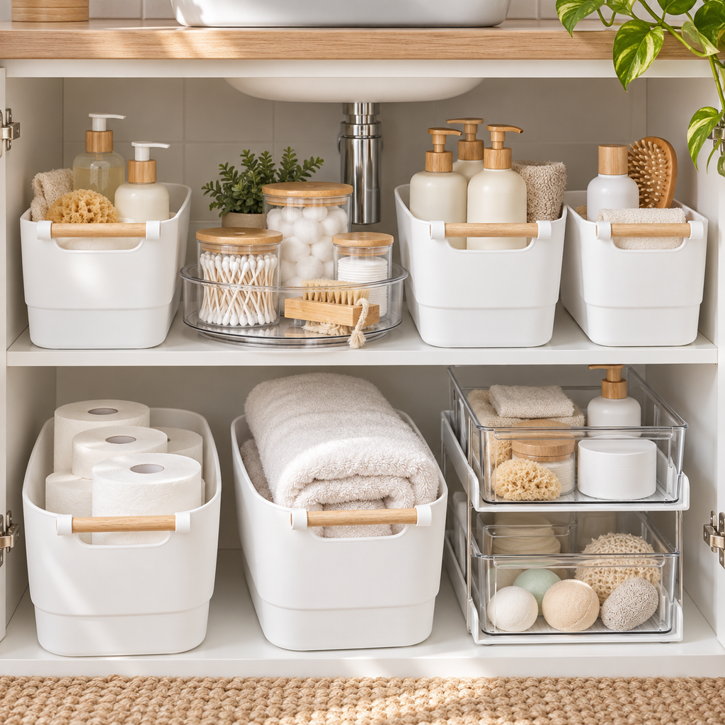 Bathroom Storage & Organisation Set neatly organised on shelving