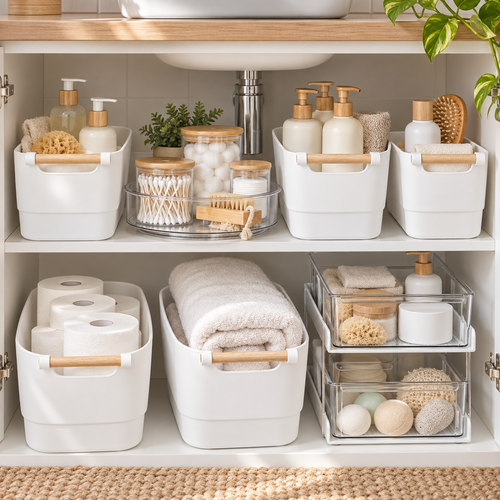Bathroom Storage & Organisation Set neatly organised on shelving