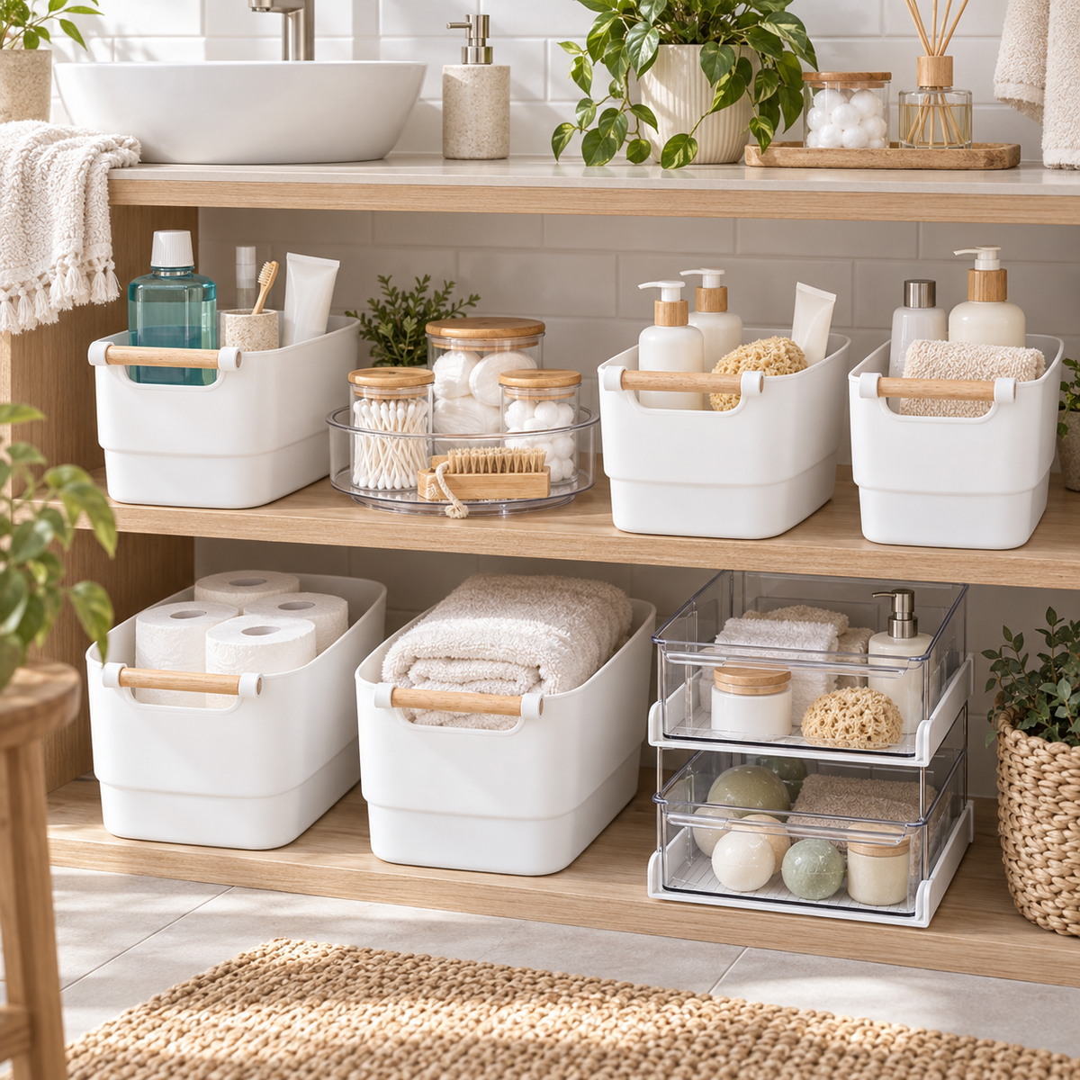 Bathroom Storage & Organisation Set in a clean Scandinavian interior