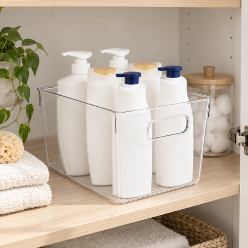 Bathroom Storage Tub - Clear Large neatly organised on shelving