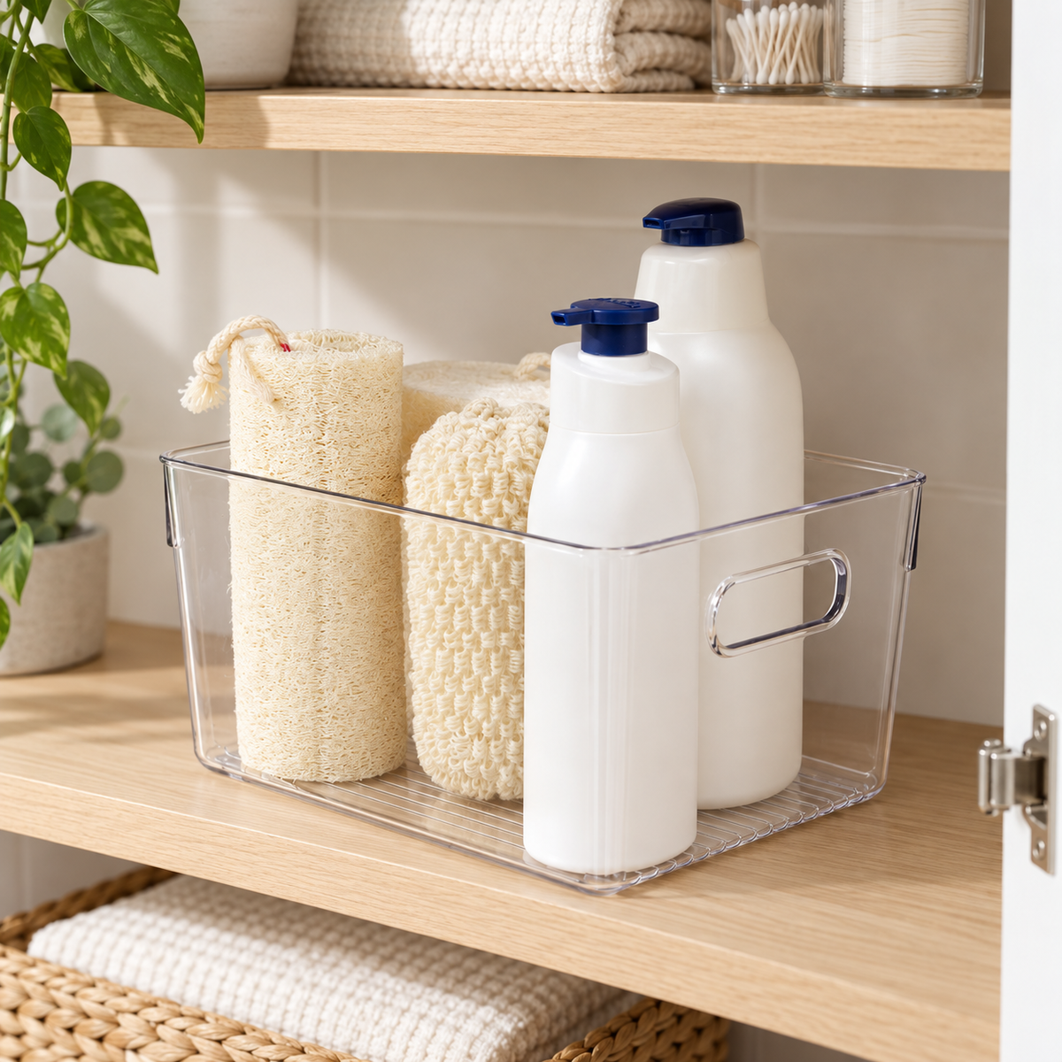 Bathroom Storage Tub - Clear Medium neatly organised on storage shelving