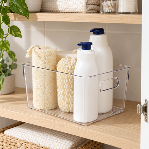 Bathroom Storage Tub - Clear Medium neatly organised on storage shelving