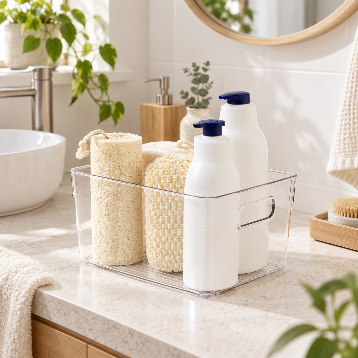 Bathroom Storage Tub - Clear Medium in a clean Scandinavian utility space
