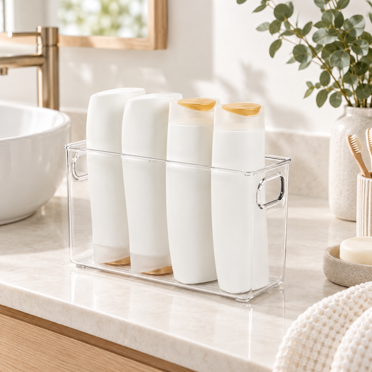 Bathroom Storage Tub - Clear Small in a bright bathroom setting
