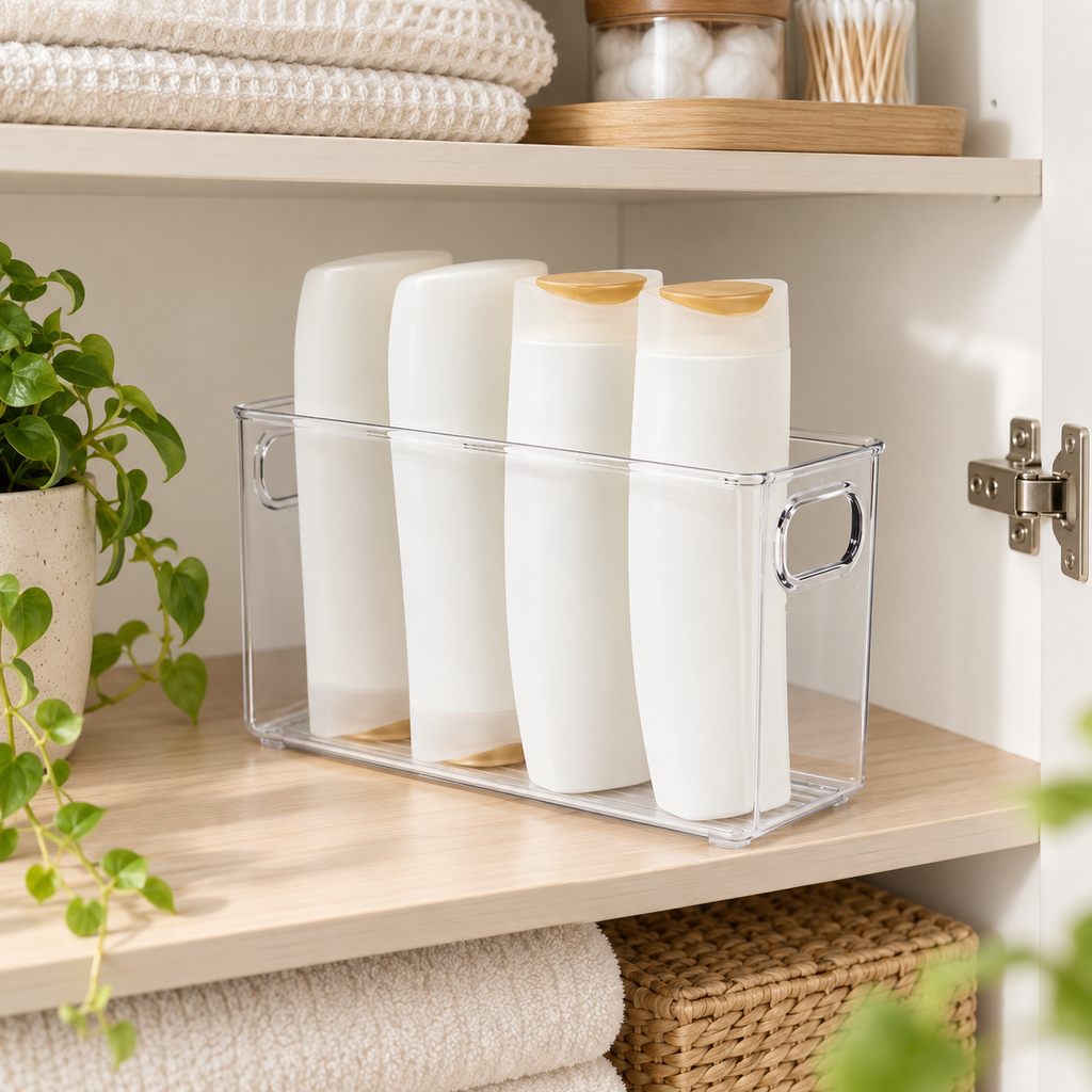 Bathroom Storage Tub - Clear Small neatly organised on storage shelving